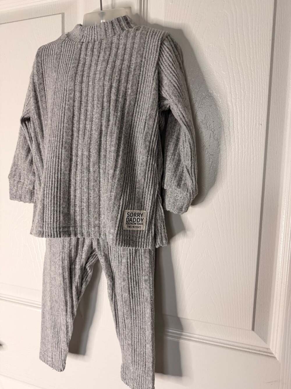 Gray Ribbed Knit Long Sleeve Top and Pants Set